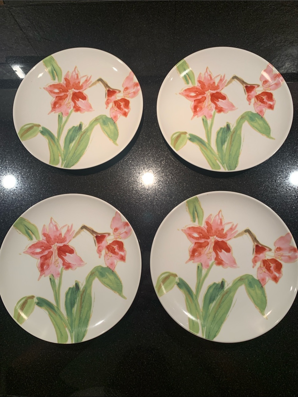 Paula Deen Set of 4 Pink & Green Amaryliss Floral Ceramic Dessert/Salad Plates